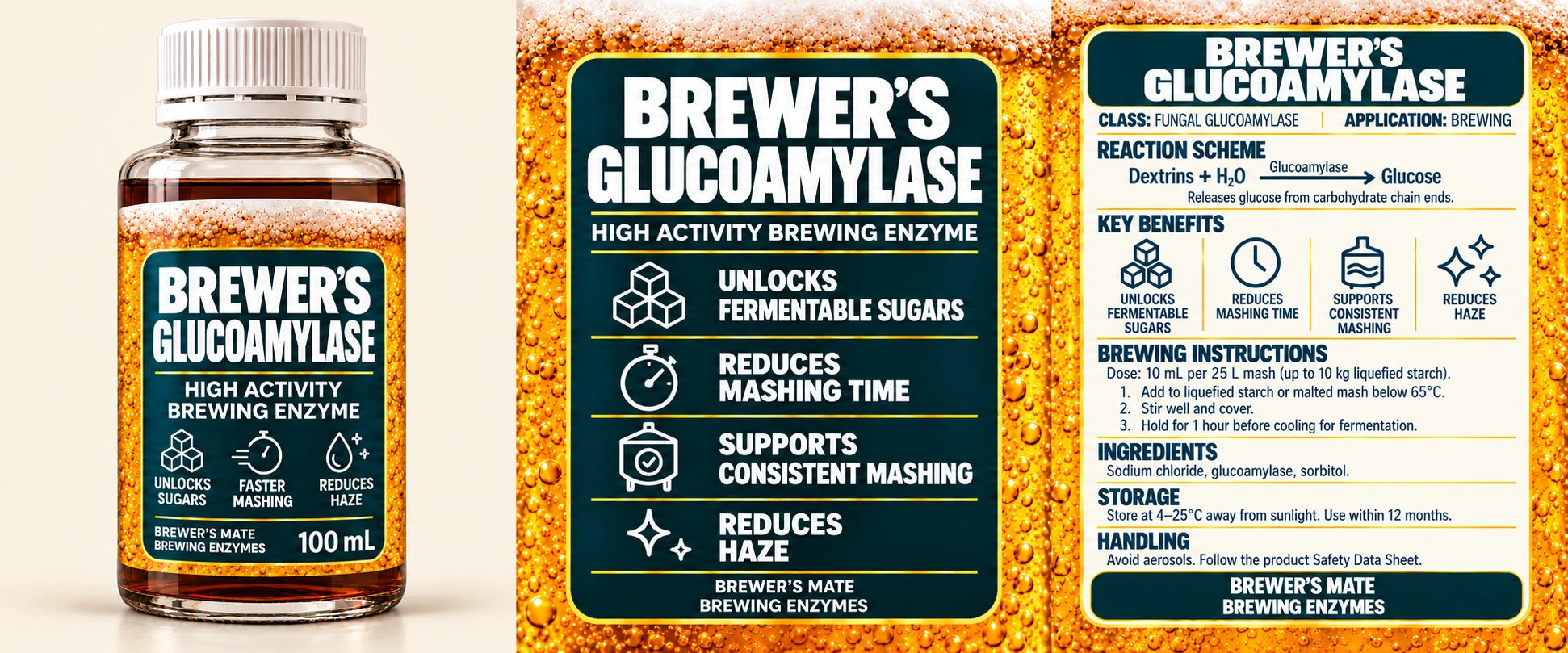 Brewer's Glucoamylase · Brewer’s Mate 100 mL bottle and product cards