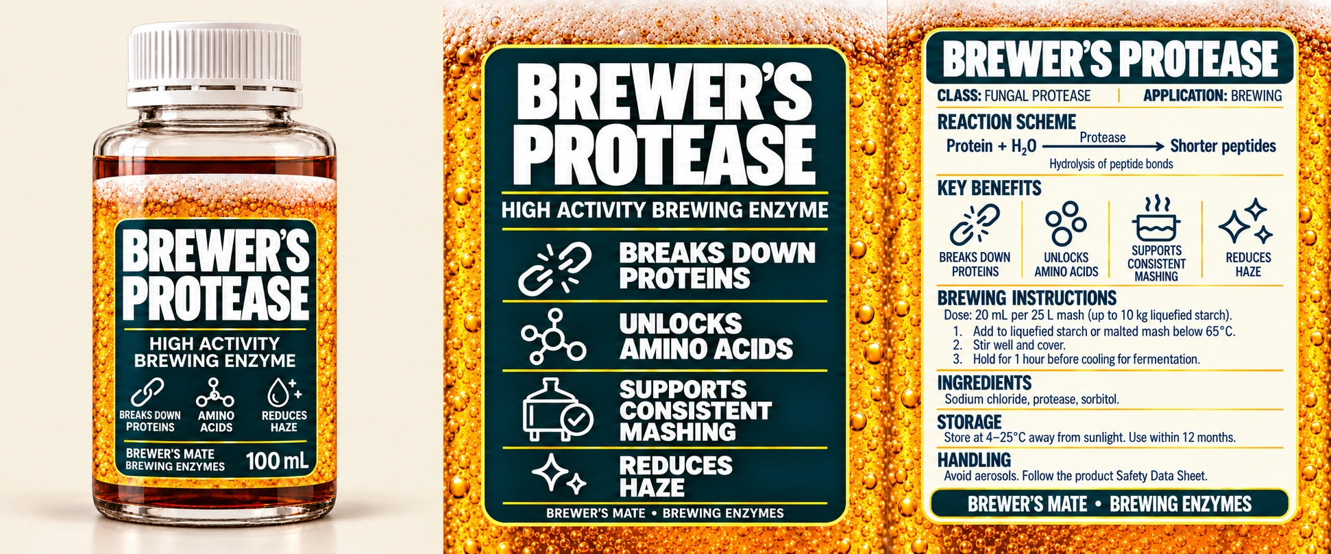 Brewer's Protease · Brewer’s Mate 100 mL bottle and product cards